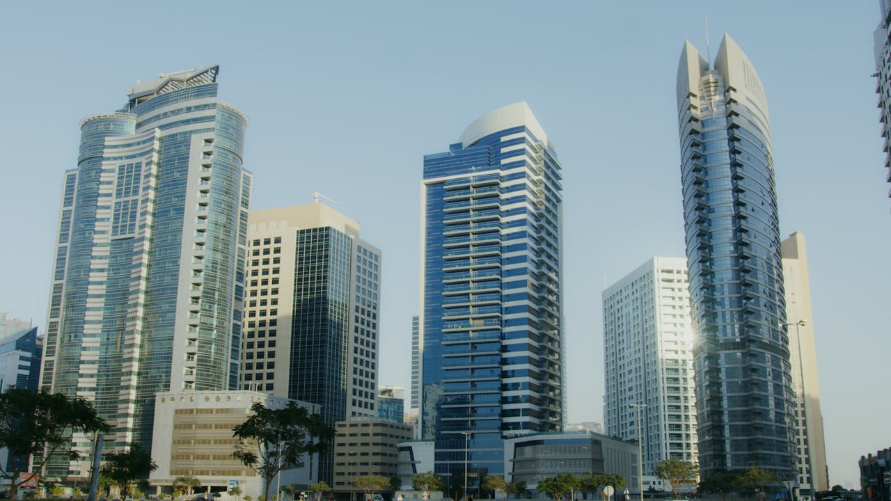 A stunning view of modern skyscrapers in Dubai's skyline during daylight.